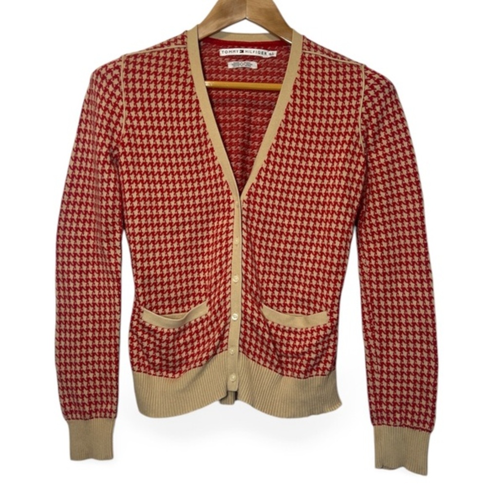 Tommy Hilfiger Red and Beige Houndstooth Cardigan